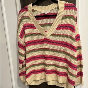 LOFT V-Neck Sweater with Cream, Pink, and Green Stripes